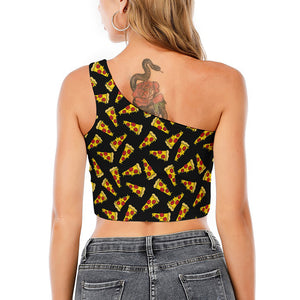 Black Pizza Pattern Print One Shoulder Crop Top