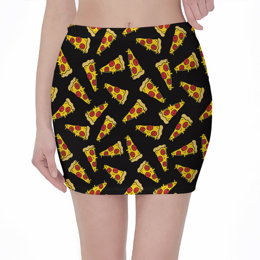 Black Pizza Pattern Print Pencil Mini Skirt