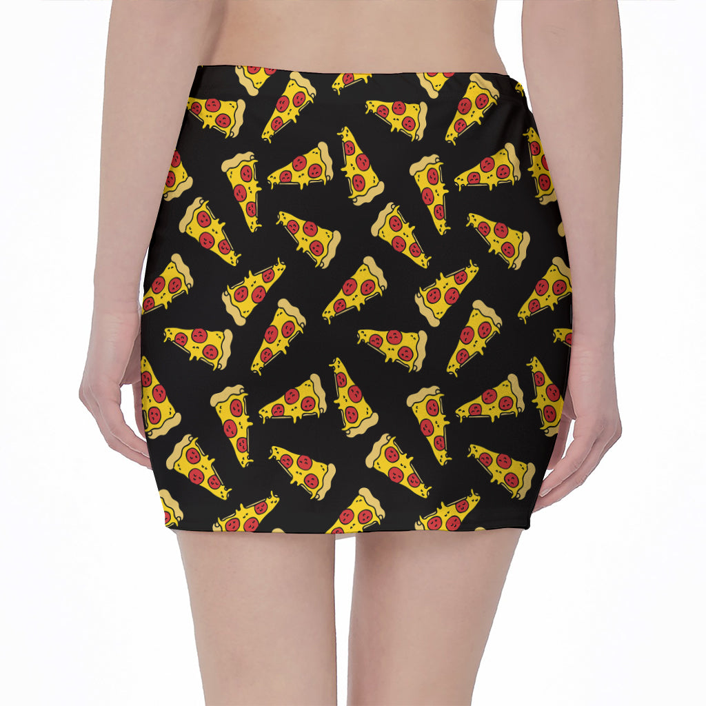 Black Pizza Pattern Print Pencil Mini Skirt