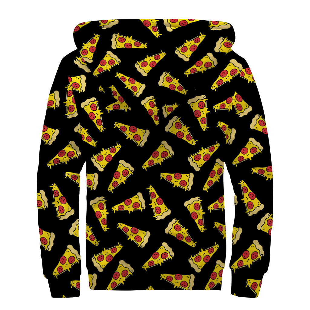 Black Pizza Pattern Print Sherpa Lined Zip Up Hoodie