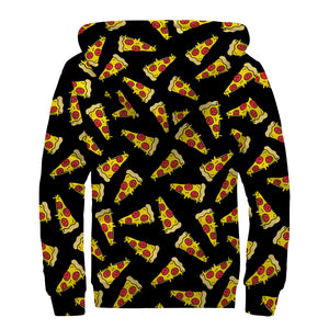 Black Pizza Pattern Print Sherpa Lined Zip Up Hoodie