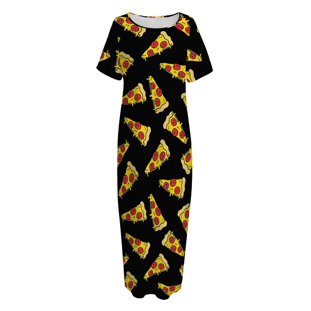 Black Pizza Pattern Print Short Sleeve Long Nightdress