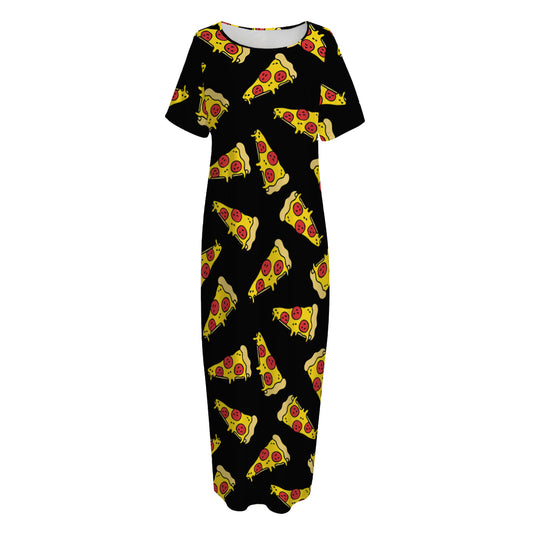 Black Pizza Pattern Print Short Sleeve Long Nightdress
