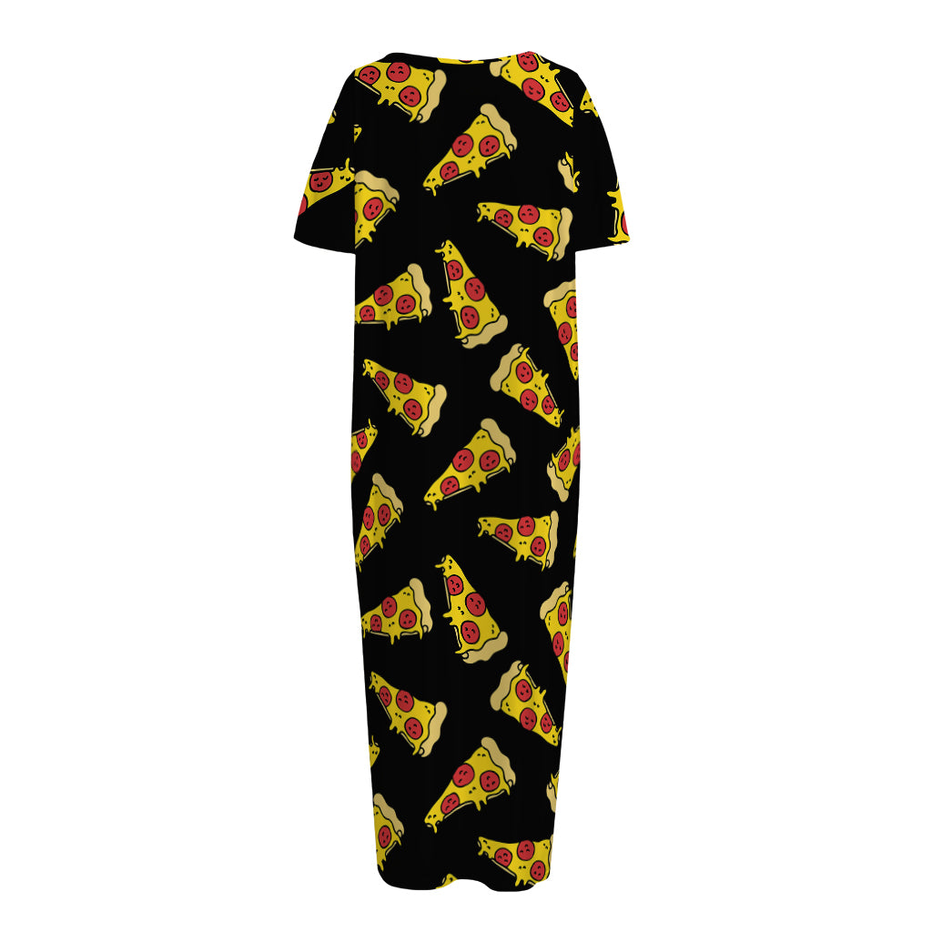 Black Pizza Pattern Print Short Sleeve Long Nightdress
