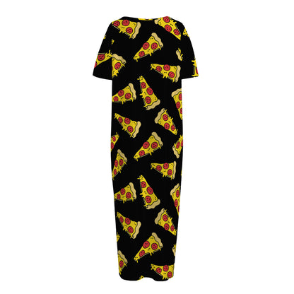Black Pizza Pattern Print Short Sleeve Long Nightdress