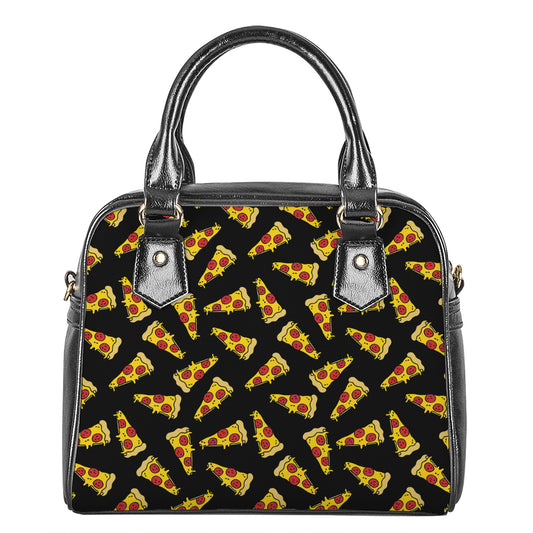 Black Pizza Pattern Print Shoulder Handbag