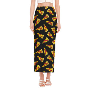 Black Pizza Pattern Print Side Slit Maxi Skirt