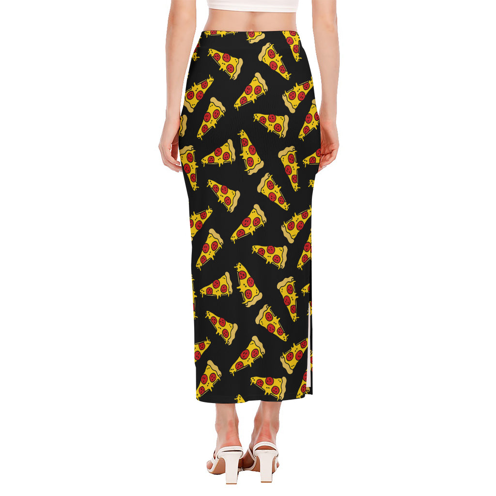 Black Pizza Pattern Print Side Slit Maxi Skirt