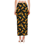 Black Pizza Pattern Print Side Slit Maxi Skirt