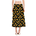 Black Pizza Pattern Print Side Slit Midi Skirt