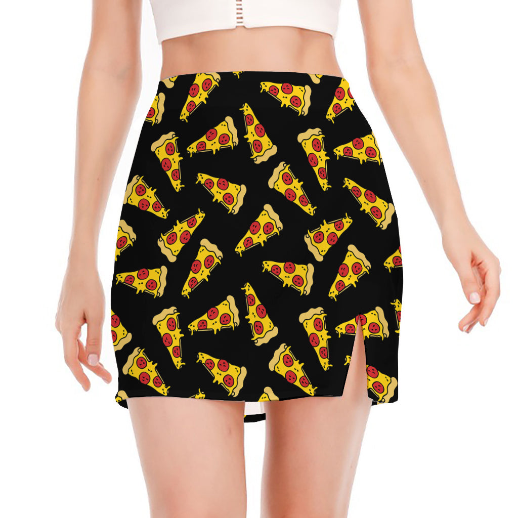 Black Pizza Pattern Print Side Slit Mini Skirt