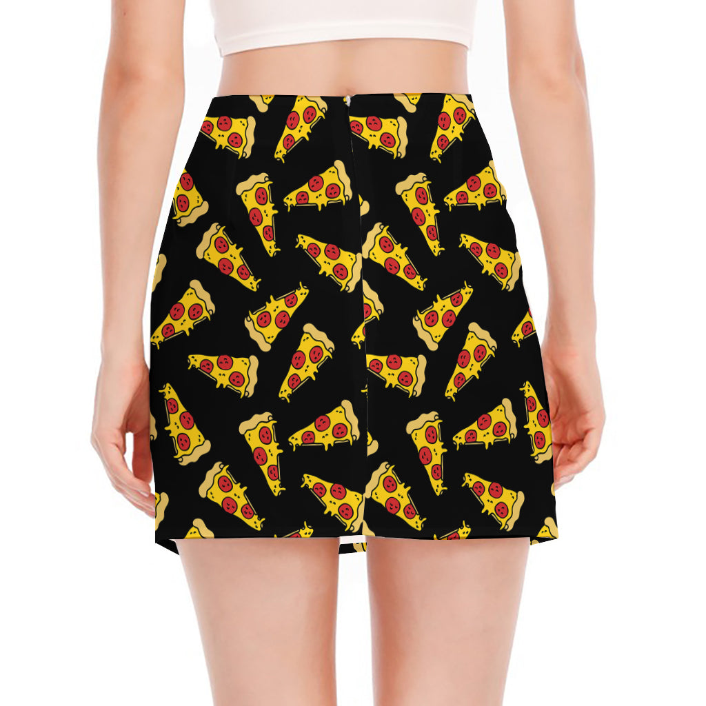 Black Pizza Pattern Print Side Slit Mini Skirt