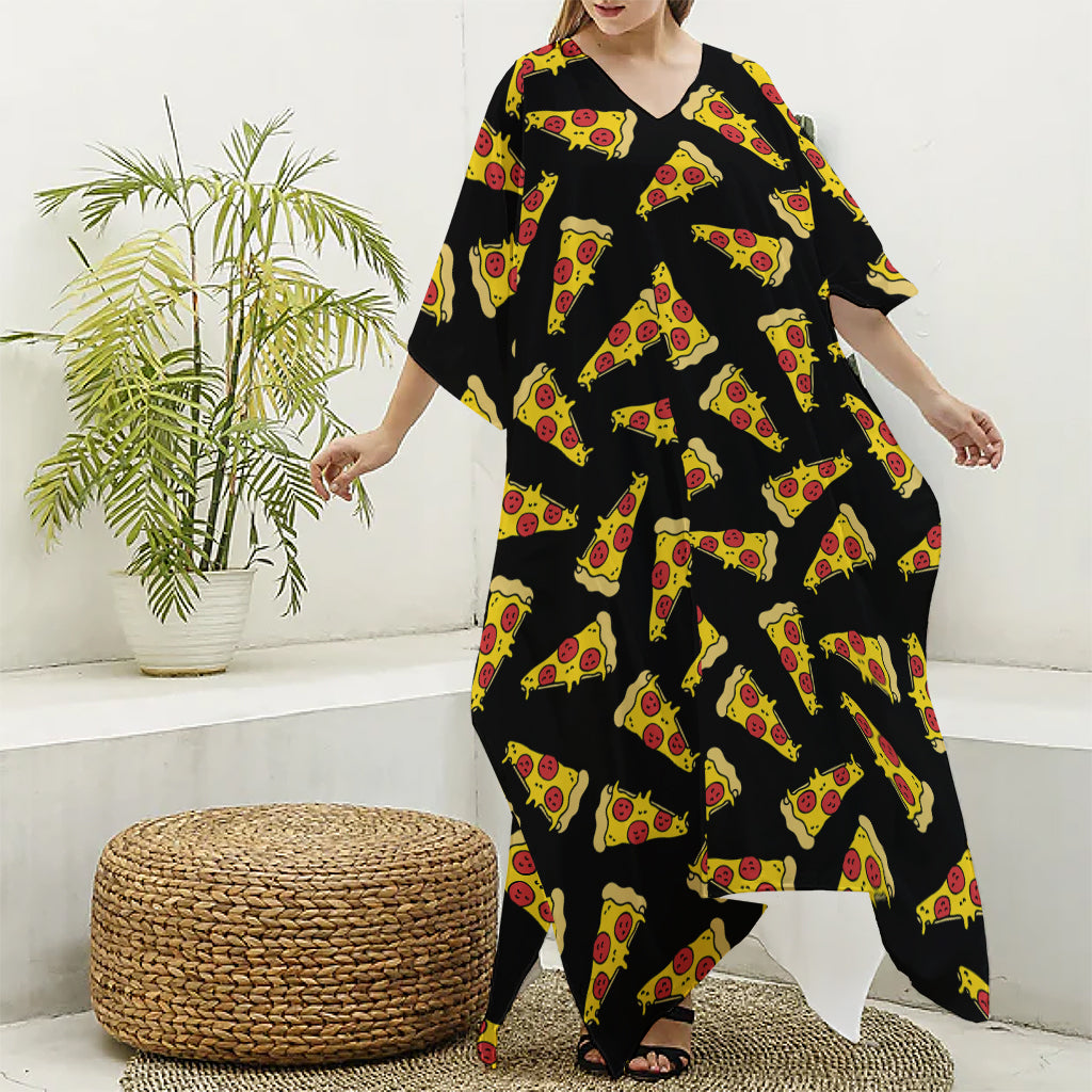 Black Pizza Pattern Print Silk V-Neck Kaftan Dress