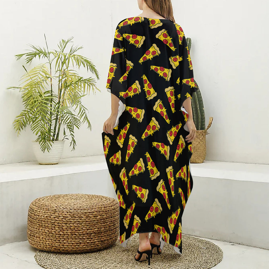 Black Pizza Pattern Print Silk V-Neck Kaftan Dress