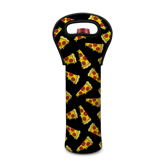 Black Pizza Pattern Print Single Neoprene Wine Tote