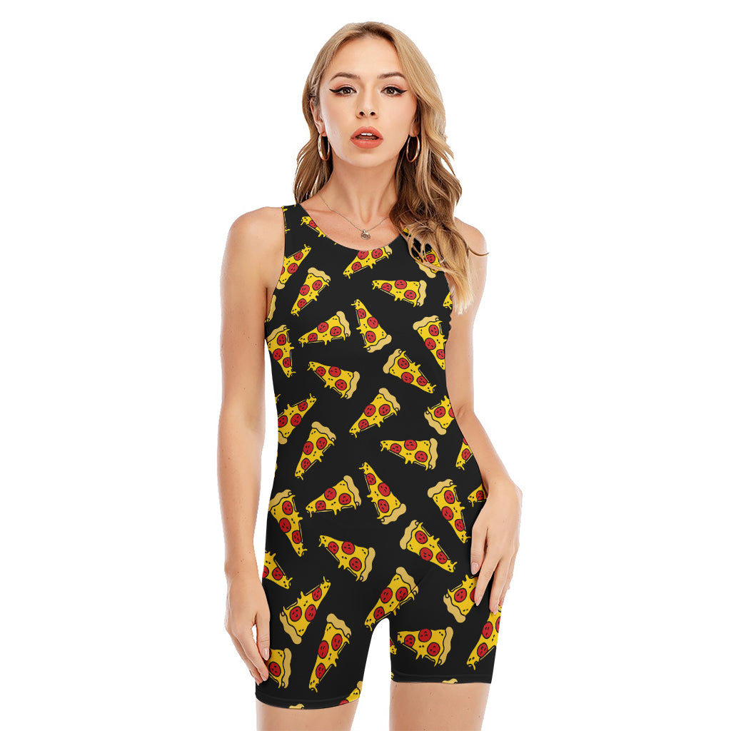 Black Pizza Pattern Print Sleeveless One Piece Swimsuit