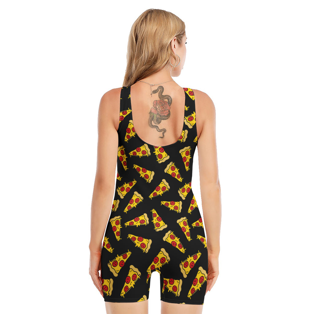 Black Pizza Pattern Print Sleeveless One Piece Swimsuit