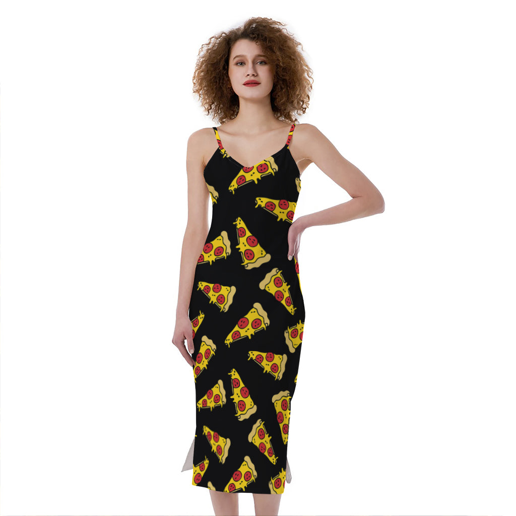 Black Pizza Pattern Print Slim Fit Midi Cami Dress