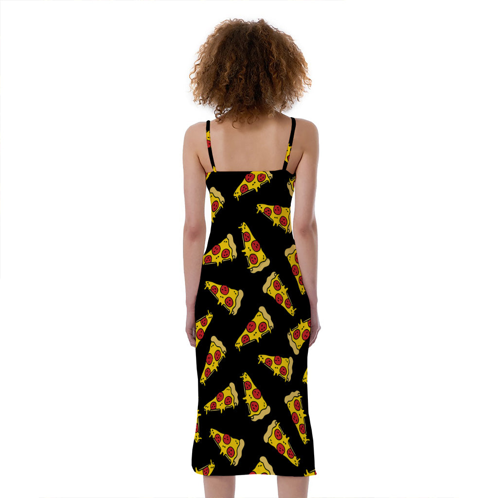 Black Pizza Pattern Print Slim Fit Midi Cami Dress