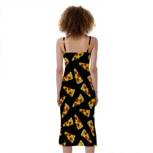 Black Pizza Pattern Print Slim Fit Midi Cami Dress