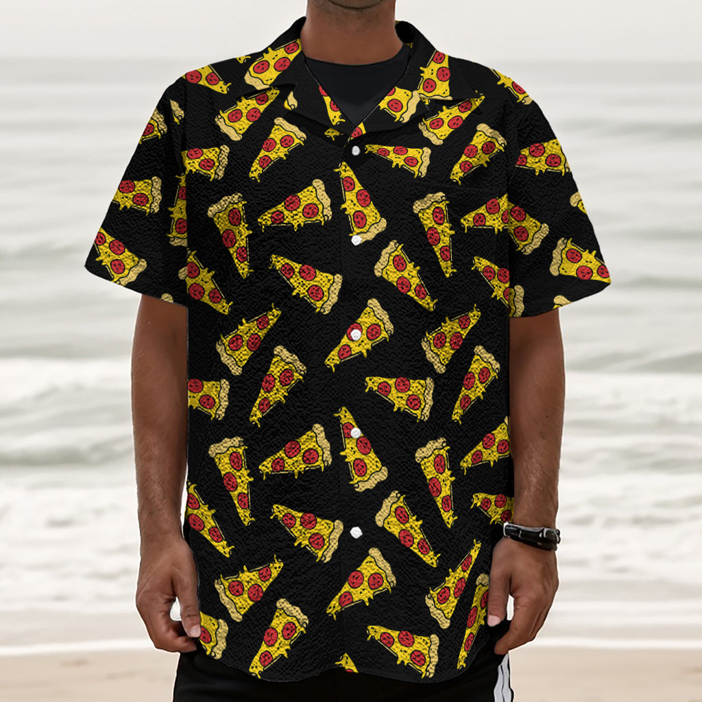 Black Pizza Pattern Print Textured Short Sleeve Shirt