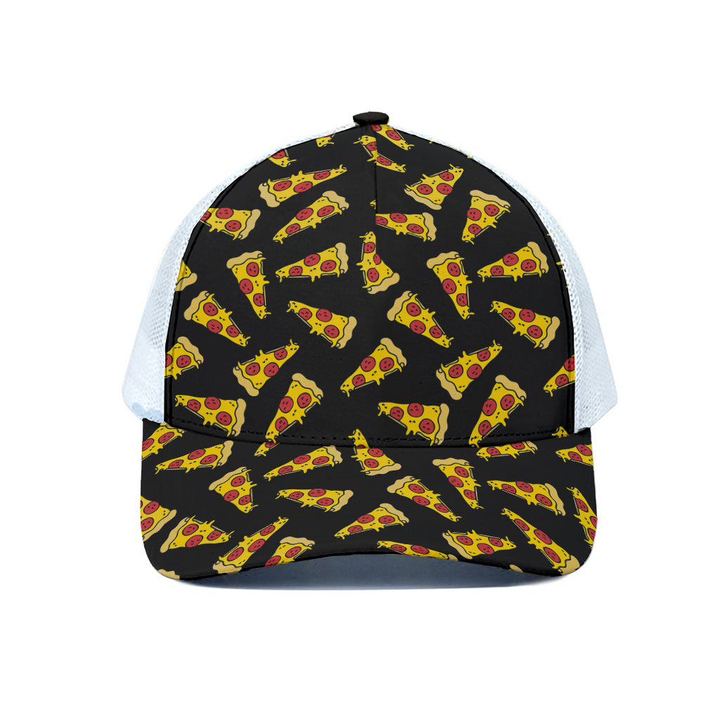 Black Pizza Pattern Print White Mesh Trucker Cap