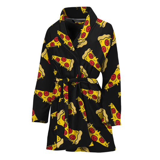 Black Pizza Pattern Print Women's Bathrobe