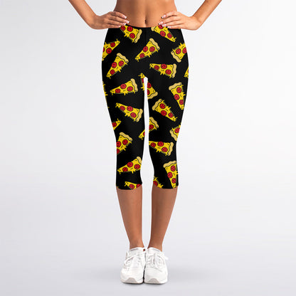 Black Pizza Pattern Print Women's Capri Leggings