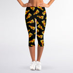Black Pizza Pattern Print Women's Capri Leggings