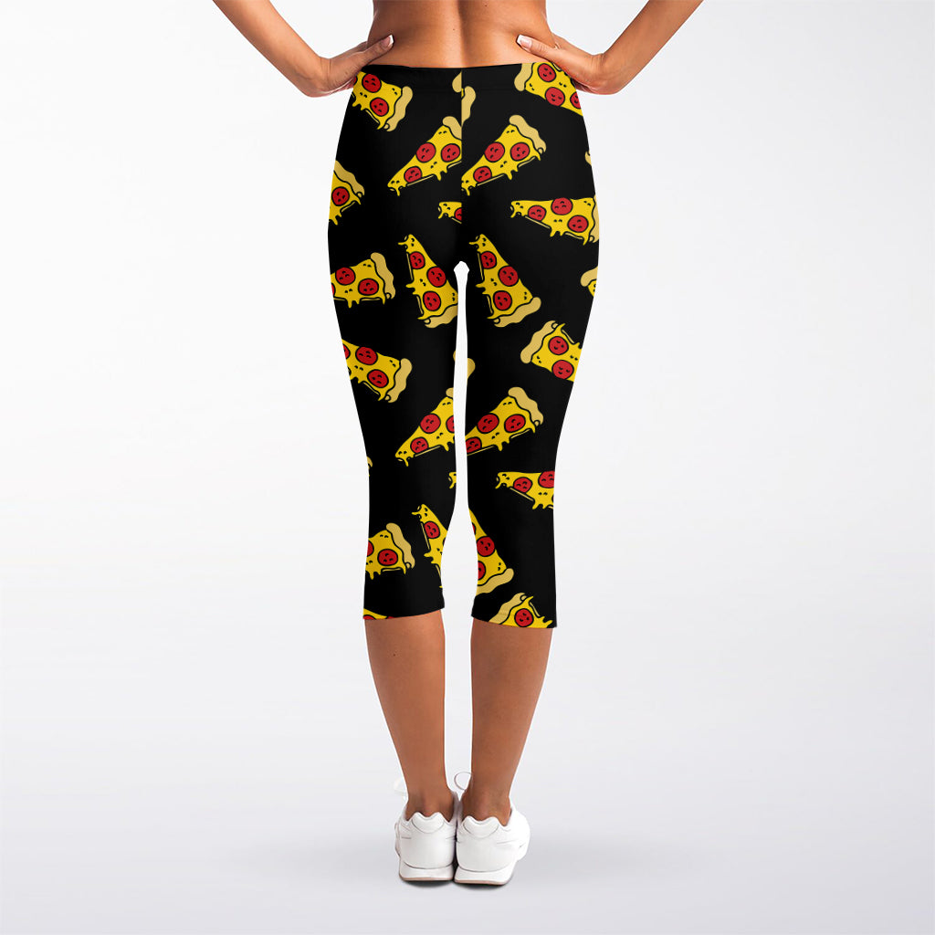 Black Pizza Pattern Print Women's Capri Leggings