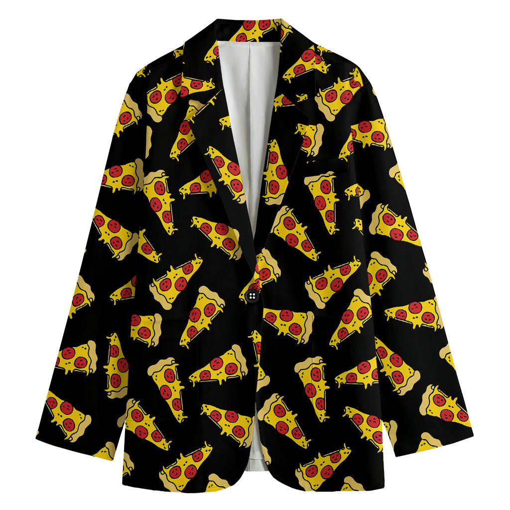 Black Pizza Pattern Print Women's Cotton Blazer