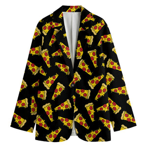 Black Pizza Pattern Print Women's Cotton Blazer