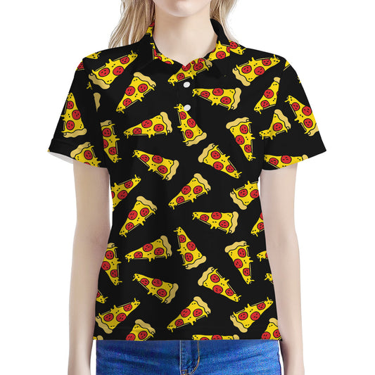 Black Pizza Pattern Print Women's Polo Shirt