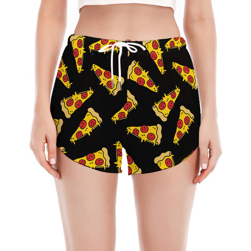 Black Pizza Pattern Print Women's Split Running Shorts