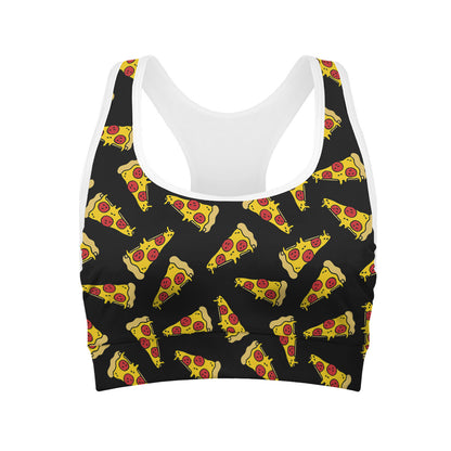 Black Pizza Pattern Print Women's Sports Bra