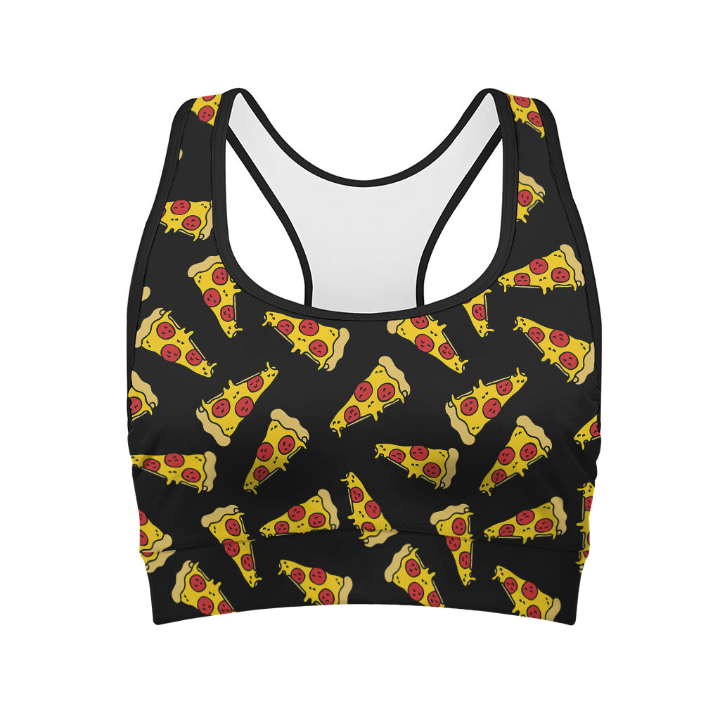 Black Pizza Pattern Print Women's Sports Bra