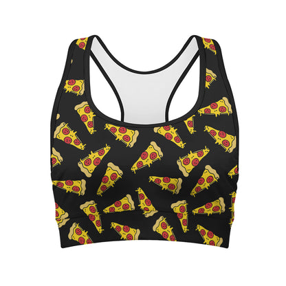 Black Pizza Pattern Print Women's Sports Bra