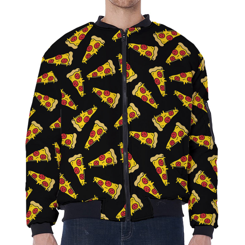 Black Pizza Pattern Print Zip Sleeve Bomber Jacket