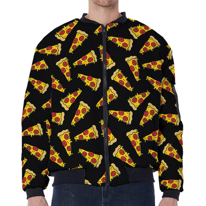 Black Pizza Pattern Print Zip Sleeve Bomber Jacket
