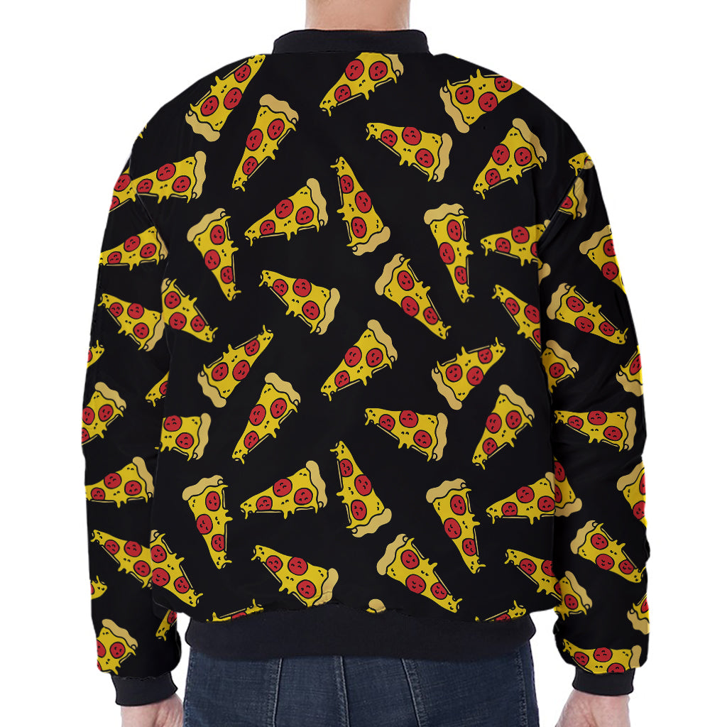 Black Pizza Pattern Print Zip Sleeve Bomber Jacket