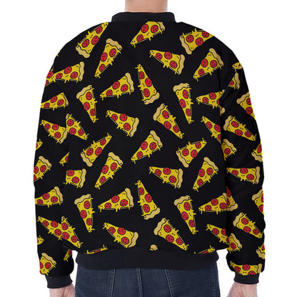 Black Pizza Pattern Print Zip Sleeve Bomber Jacket