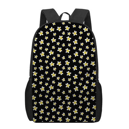 Black Plumeria Flower Pattern Print 17 Inch Backpack