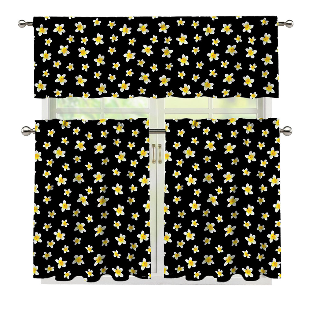 Black Plumeria Flower Pattern Print 3 Piece Kitchen Curtains