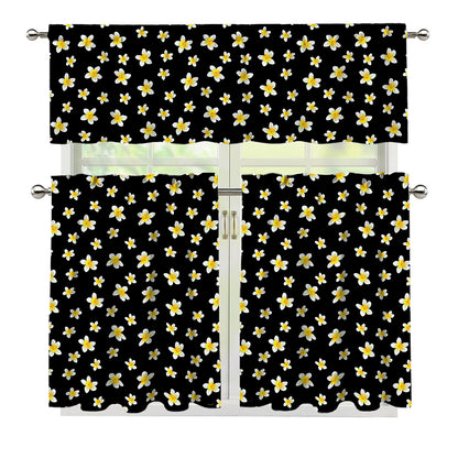 Black Plumeria Flower Pattern Print 3 Piece Kitchen Curtains
