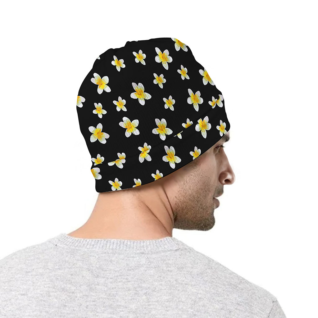 Black Plumeria Flower Pattern Print Beanie