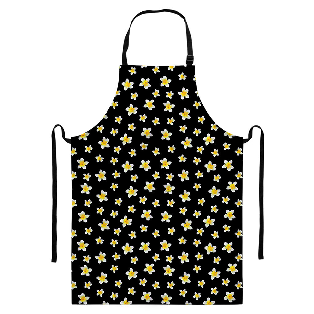 Black Plumeria Flower Pattern Print Bib Apron With Pocket