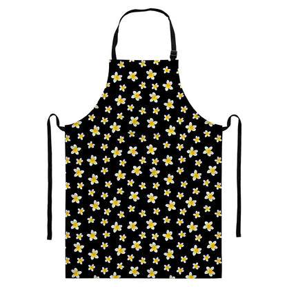 Black Plumeria Flower Pattern Print Bib Apron With Pocket