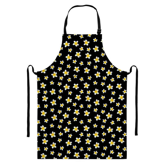 Black Plumeria Flower Pattern Print Bib Apron With Pocket