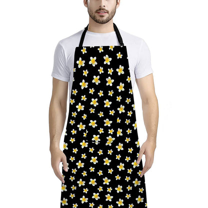 Black Plumeria Flower Pattern Print Bib Apron With Pocket