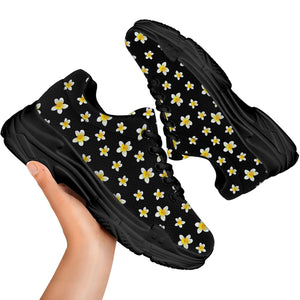 Black Plumeria Flower Pattern Print Black Chunky Shoes